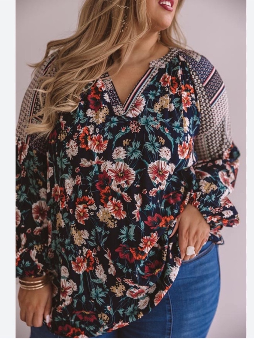 Jodifl Navy Floral Boho Peasant Blouse Long Sleeve Lightweight Top Size L